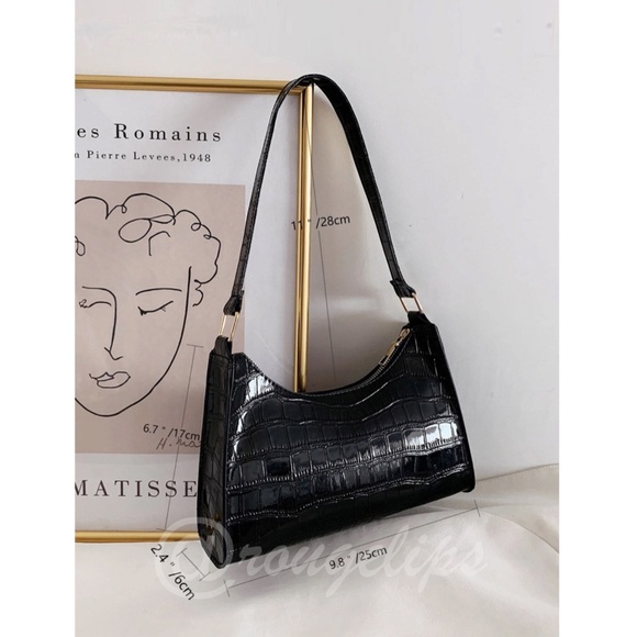 Crocodile Pattern PU Leather Black Baguette Handbag - Picture 6 of 7